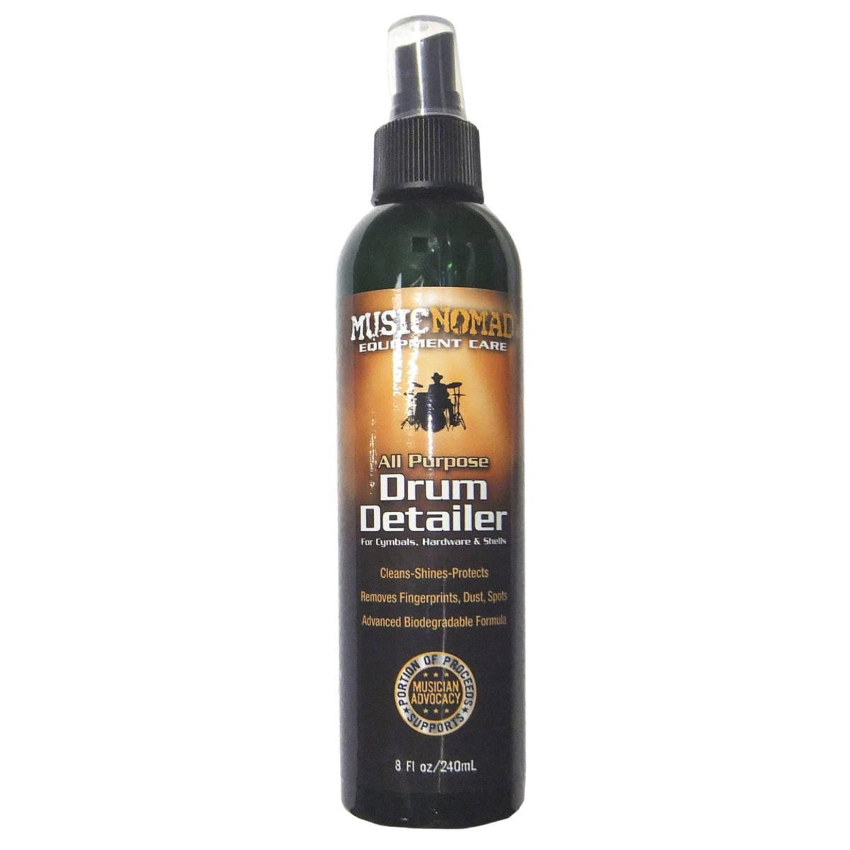 Single eight ounce bottle of Music Nomad Drum Detailer spray.