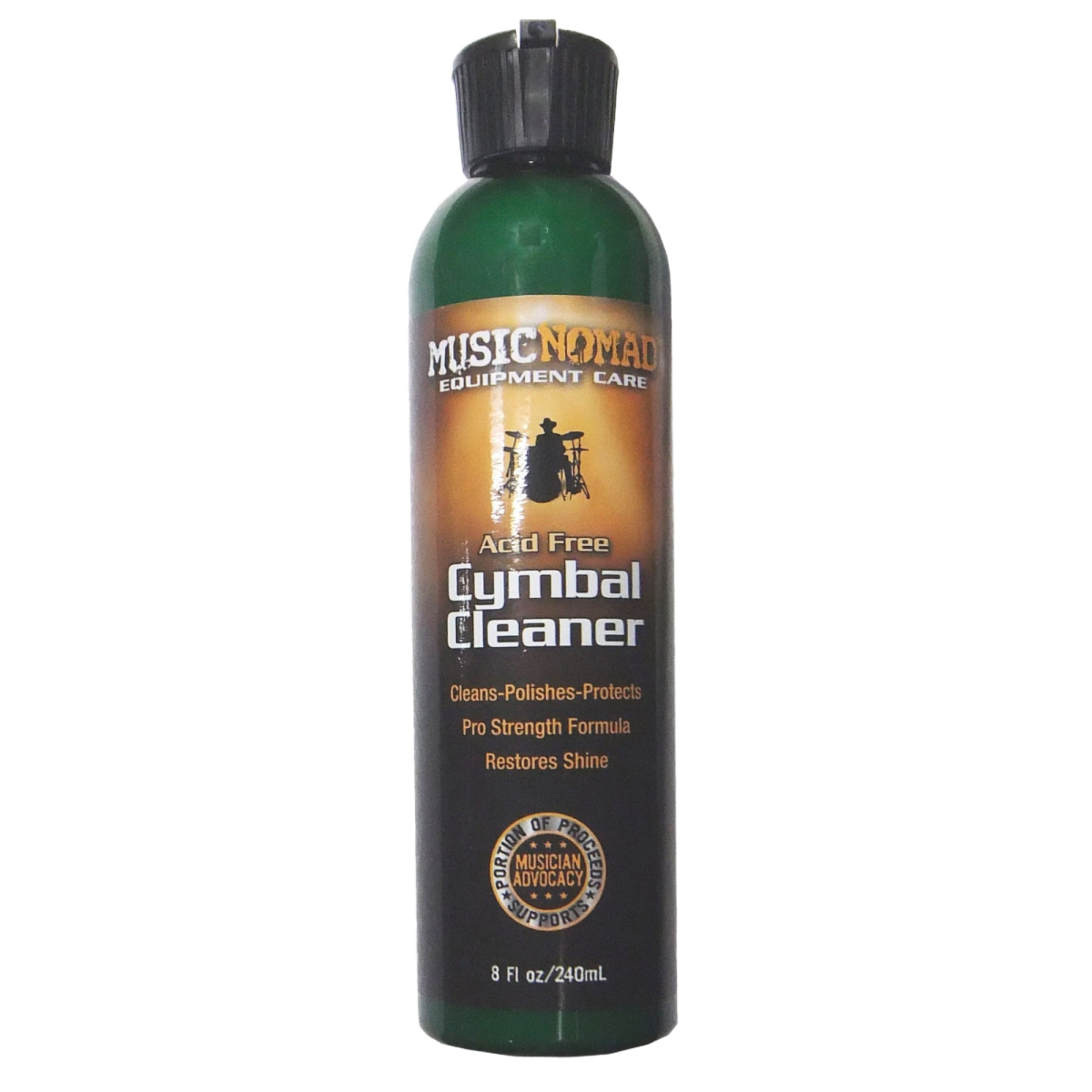Single eight ounce bottle of Music Nomad Acid Free Cymbal Cleaner.