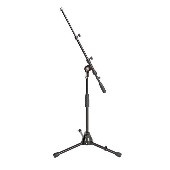 Short black microphone boom stand featuring a tripod base with rubber feet, a vertical height adjustment clutch, and an extended black boom arm.