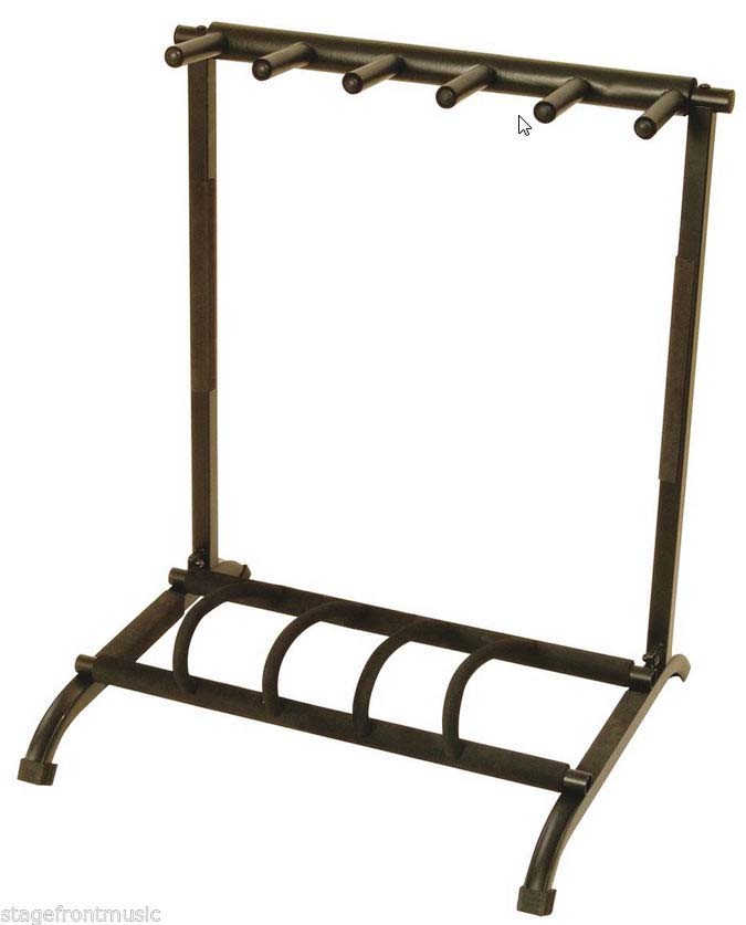A black On-Stage GS7561 foldable multi-guitar rack featuring five padded lower resting cradles and five padded neck supports.