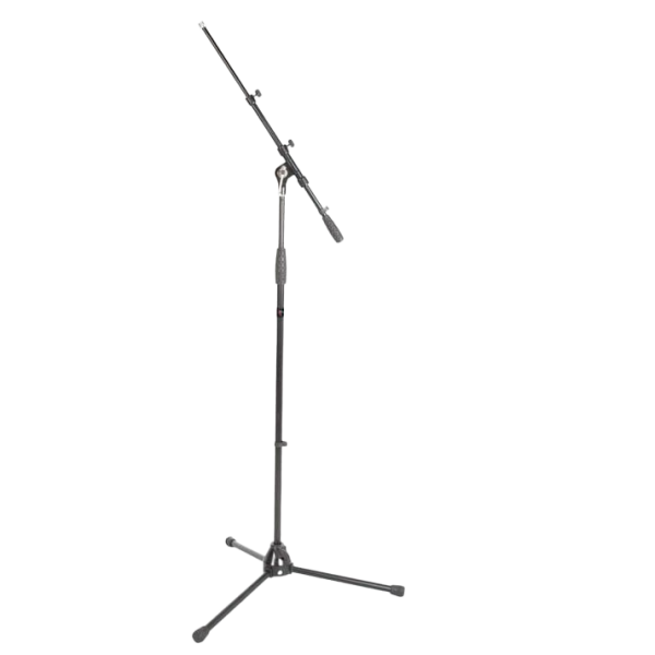 Black telescopic boom microphone stand featuring a solid cast tripod base and an extended boom arm hardware.