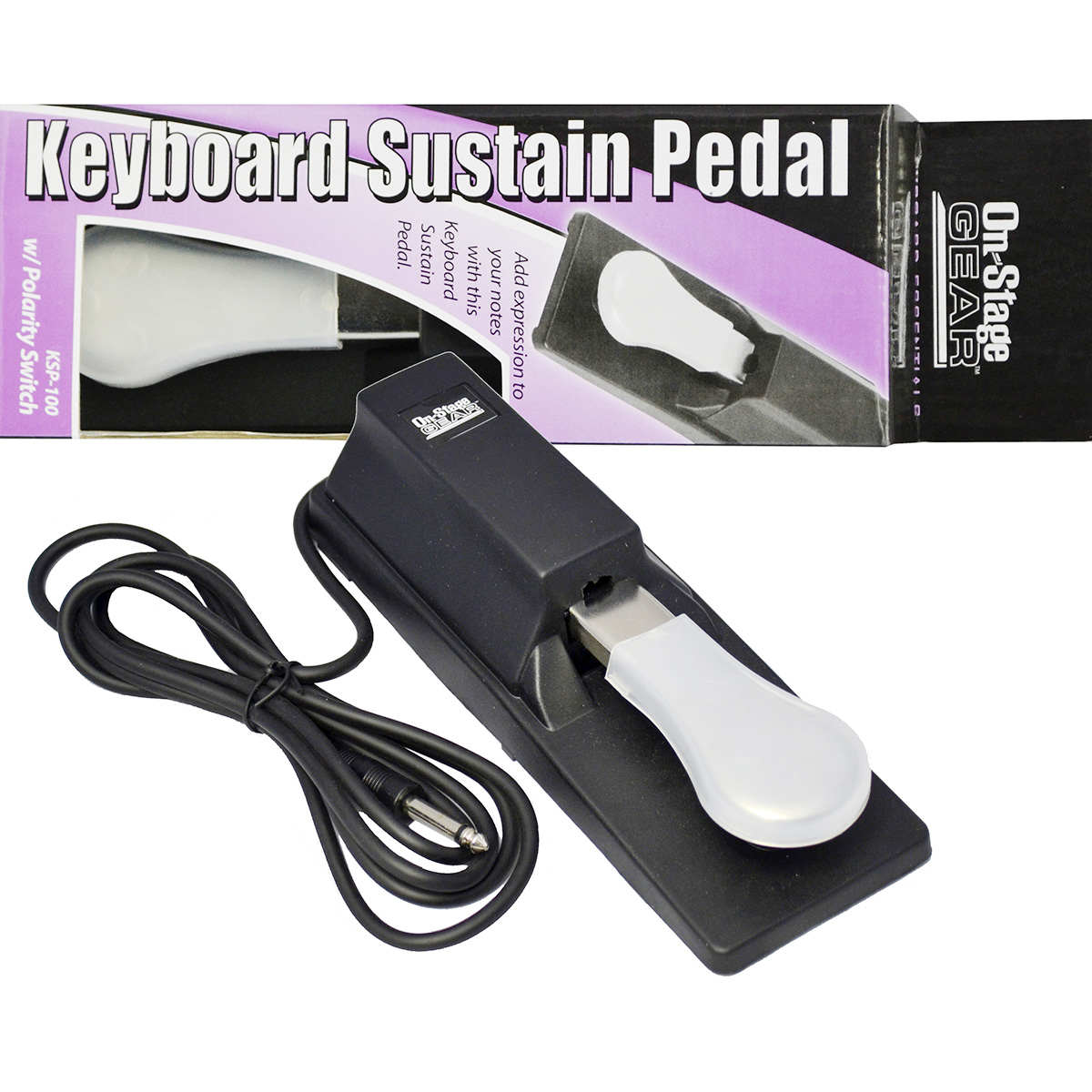 A black On-Stage KSP100 sustain pedal with a chrome foot switch covered by a clear plastic protective sleeve, and a black cable terminating in a quarter-inch jack. A purple and black retail box displaying "Keyboard Sustain Pedal" sits in the background.