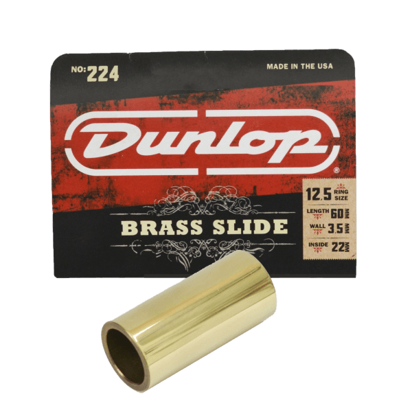 Brass cylindrical slide fronting a dunlop logo header card