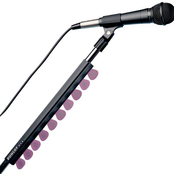 Twelve-inch black rubber Dunlop pick holder mounted to a microphone stand, displaying eleven purple guitar picks below an attached black microphone and cable.