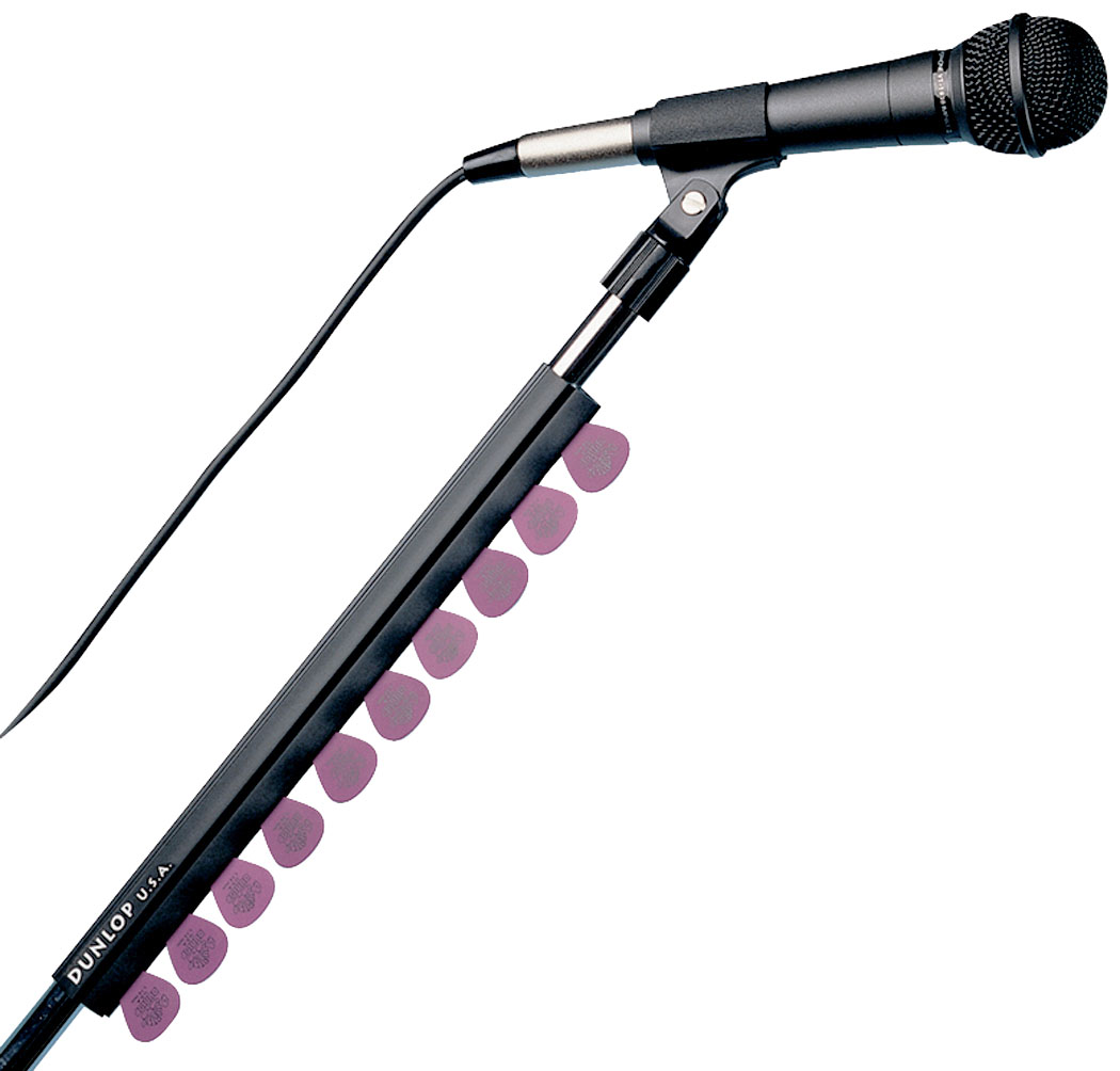 Twelve-inch black rubber Dunlop pick holder mounted to a microphone stand, displaying eleven purple guitar picks below an attached black microphone and cable.