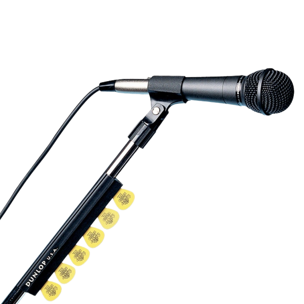 Seven-inch black rubber Dunlop pick holder attached to a microphone stand, loaded with six yellow guitar picks below a mounted black microphone.