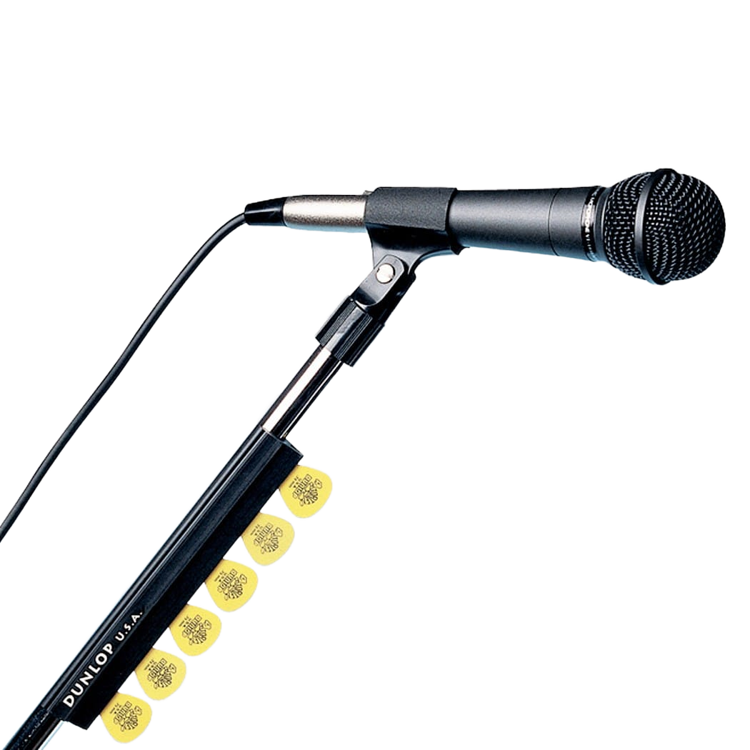 Seven-inch black rubber Dunlop pick holder attached to a microphone stand, loaded with six yellow guitar picks below a mounted black microphone.