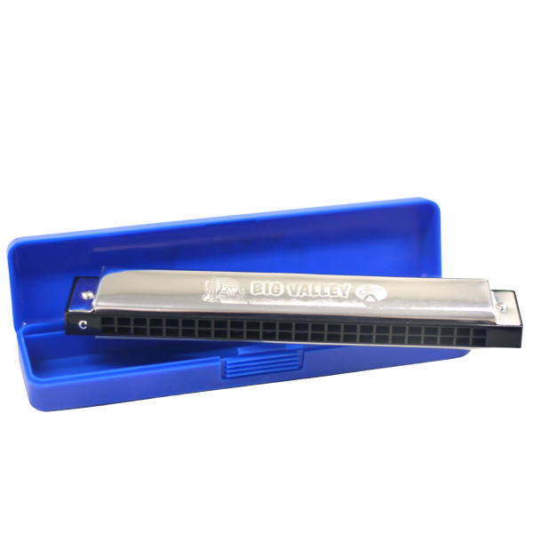 Hohner Big Valley harmonica resting inside an open blue plastic carrying case.