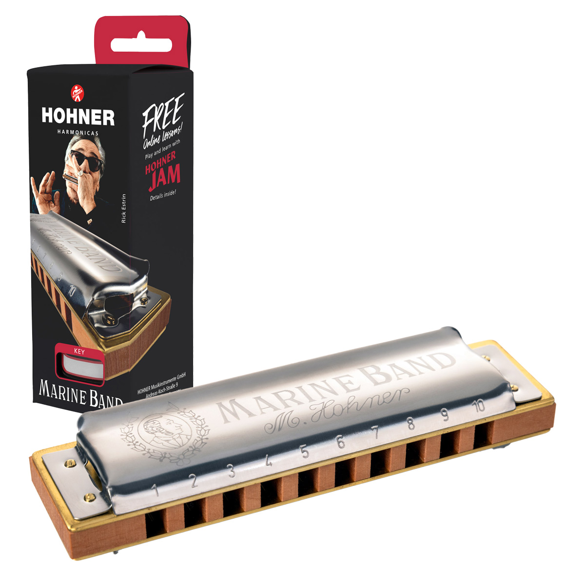 Silver and pearwood Hohner Marine Band diatonic harmonica positioned in front of its black retail display box featuring a portrait of musician Rick Estrin.