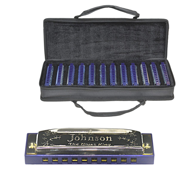 JOHNSON OB12MJ SET OF 12 DIATONIC BLUES KING HARMONICAS INCLUDING CASE