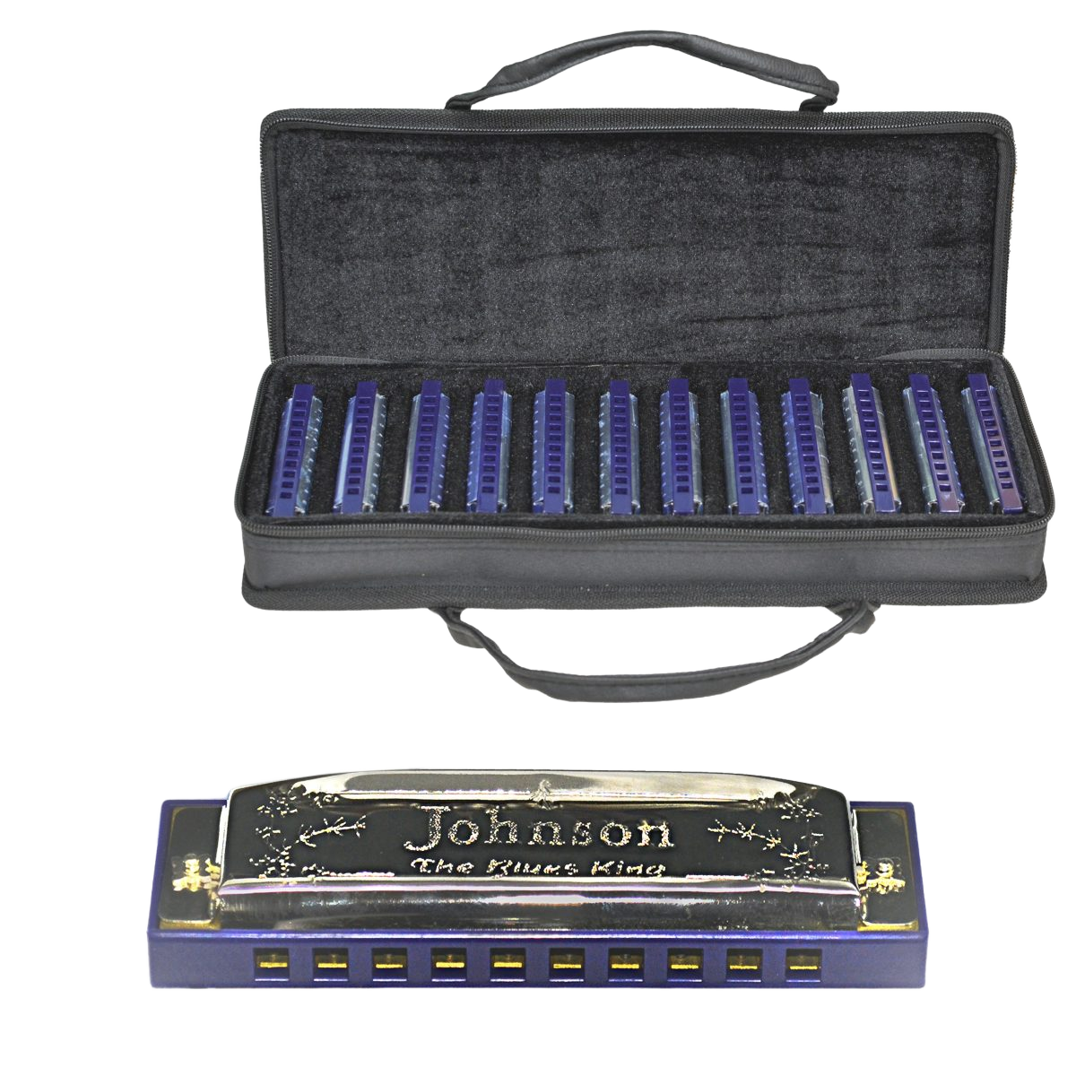 JOHNSON OB12MJ SET OF 12 DIATONIC BLUES KING HARMONICAS INCLUDING CASE