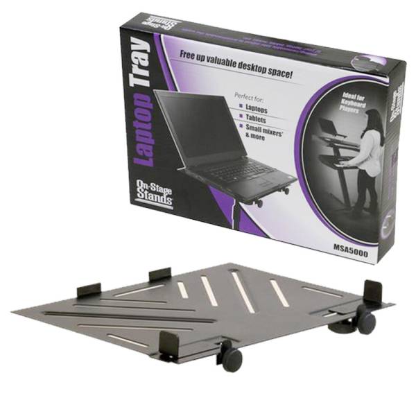 A black, flat metal tray with ventilation slots and mounting brackets. Above it is a purple and black retail box labeled "Laptop Tray MSA5000."