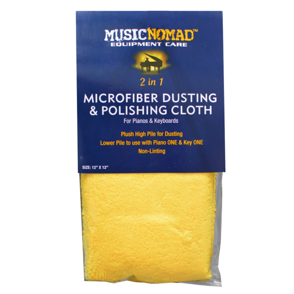 A folded yellow microfiber cloth inside clear plastic packaging, featuring a blue cardboard retail header that reads 2 in 1 Microfiber Dusting & Polishing Cloth.