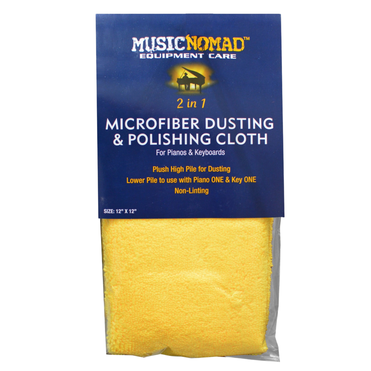 A folded yellow microfiber cloth inside clear plastic packaging, featuring a blue cardboard retail header that reads 2 in 1 Microfiber Dusting & Polishing Cloth.