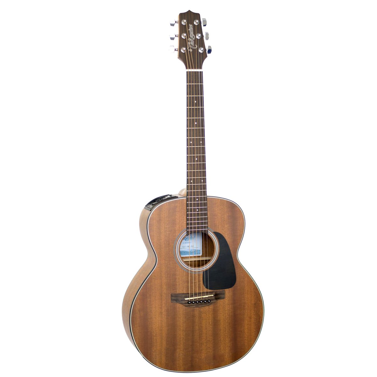 Front view of a compact Takamine GX11MENS Taka-mini acoustic-electric guitar displayed next to its protective black gig bag.
