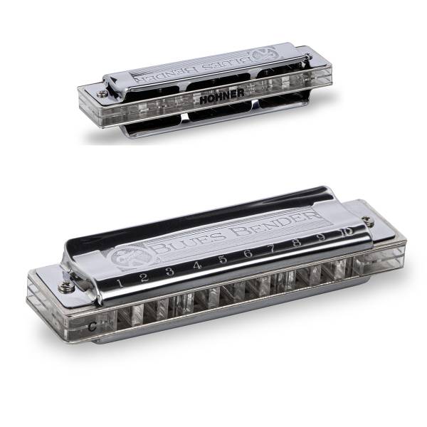Two Hohner Blues Bender harmonicas showing the top engraved metal cover and the bottom profile with a clear plastic comb.