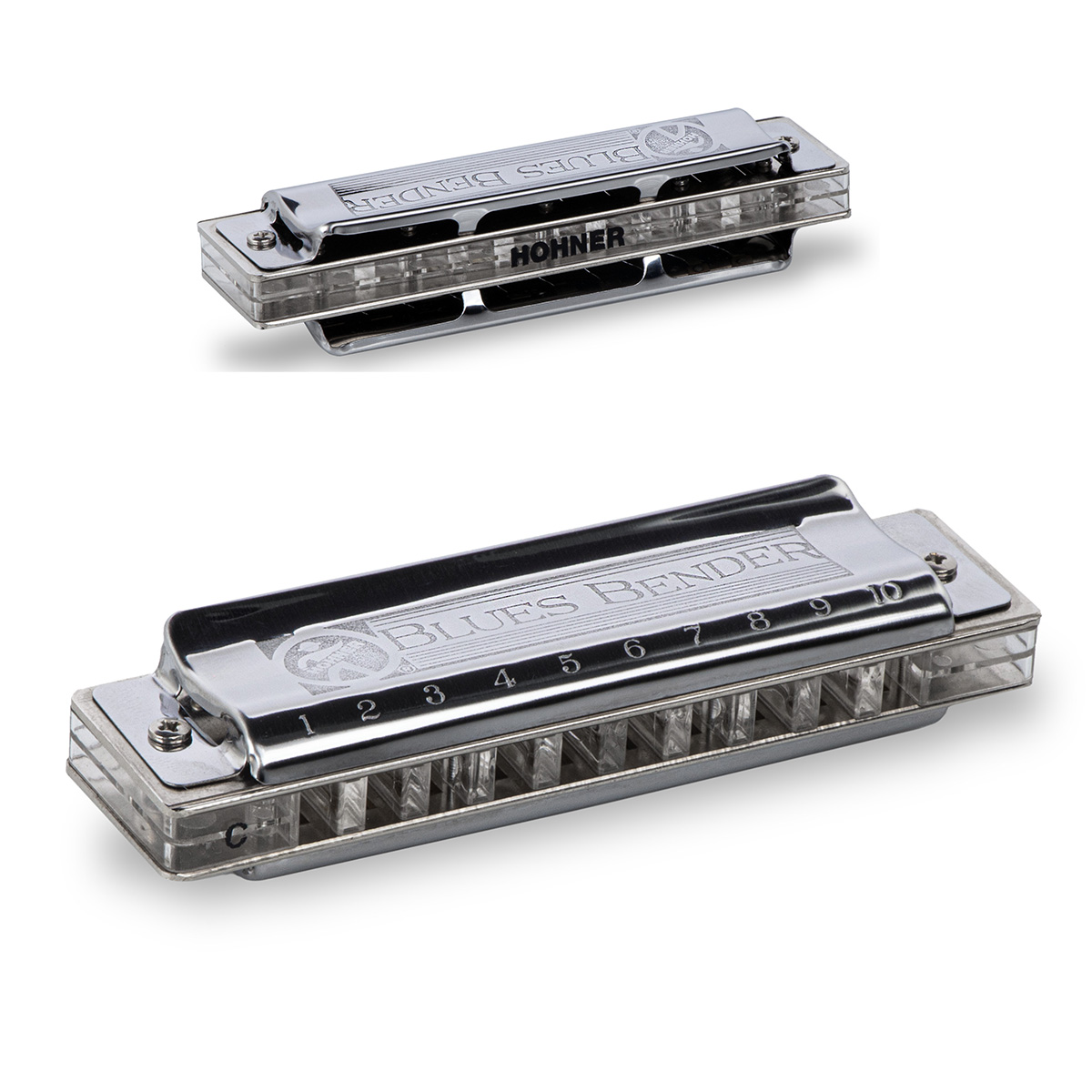 Two Hohner Blues Bender harmonicas showing the top engraved metal cover and the bottom profile with a clear plastic comb.