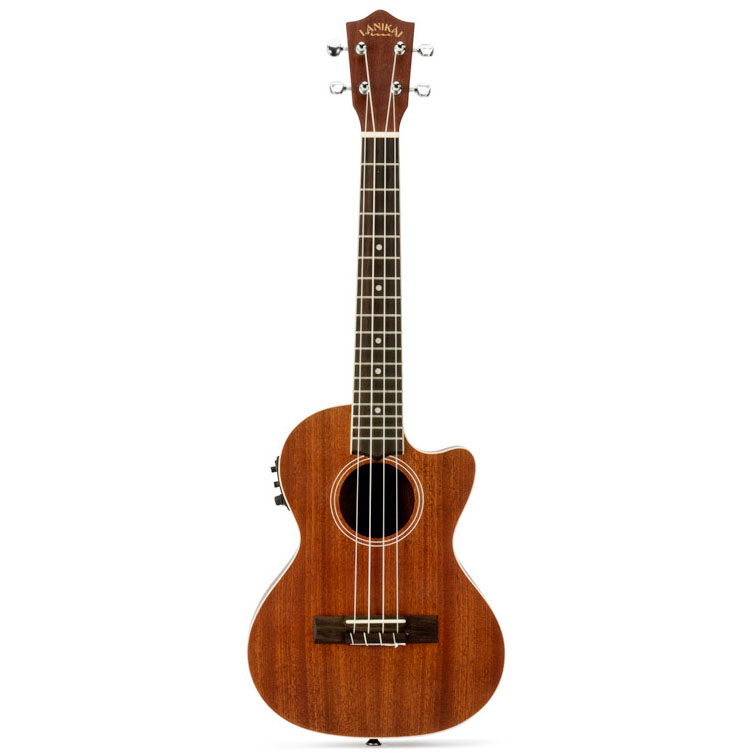 A four-string tenor ukulele with a mahogany wood body, a cutaway, and a side-mounted preamp.