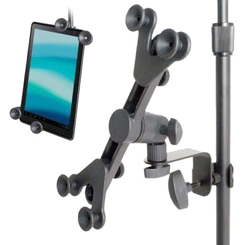 The Xtreme AP24 tablet holder clamped to a metal pole featuring a four-point suction cup mounting bracket, with a tablet attached to a secondary identical mount on the left.