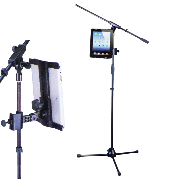 A tablet mounted on a microphone stand, accompanied by a secondary close-up inset shot highlighting the adjustable mounting clamp secured to the stand pole.