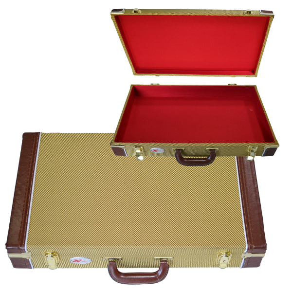 Two vintage tweed-style pedal cases on a black background. The larger case is closed with gold latches and a brown handle. Positioned above it is a smaller view of the identical case, fully open with its lid detached to display a bright red interior lining.