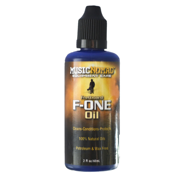 A single bottle of Music Nomad Fretboard F-ONE Oil with a black applicator tip.