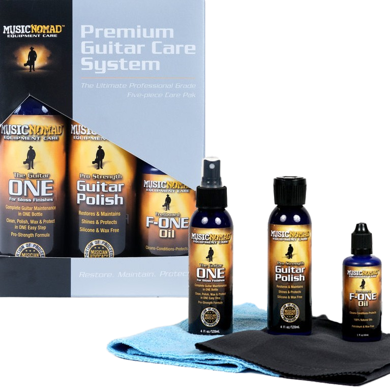 A retail box for the Music Nomad Premium Guitar Care System next to three physical bottles and two physical microfiber cloths.