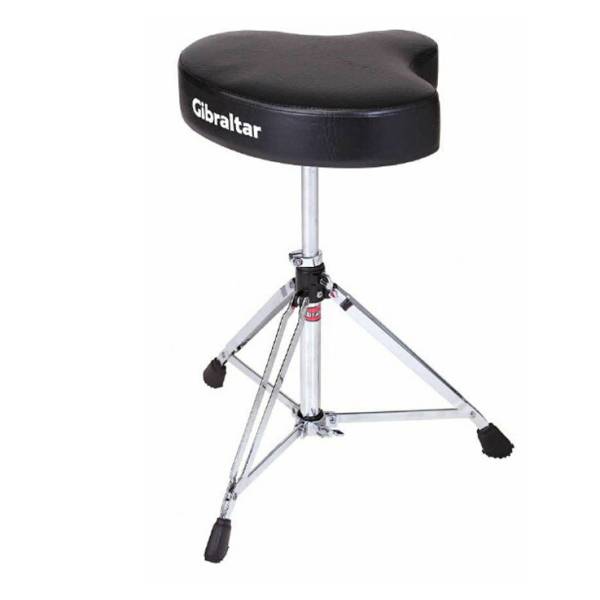 Gibraltar GI6608 drum throne with a black motorcycle-style contoured seat pad displaying the white Gibraltar logo, supported by a chrome double-braced tripod base.