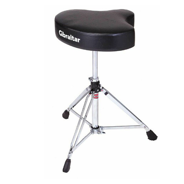 Gibraltar GI6608 drum throne with a black motorcycle-style contoured seat pad displaying the white Gibraltar logo, supported by a chrome double-braced tripod base.