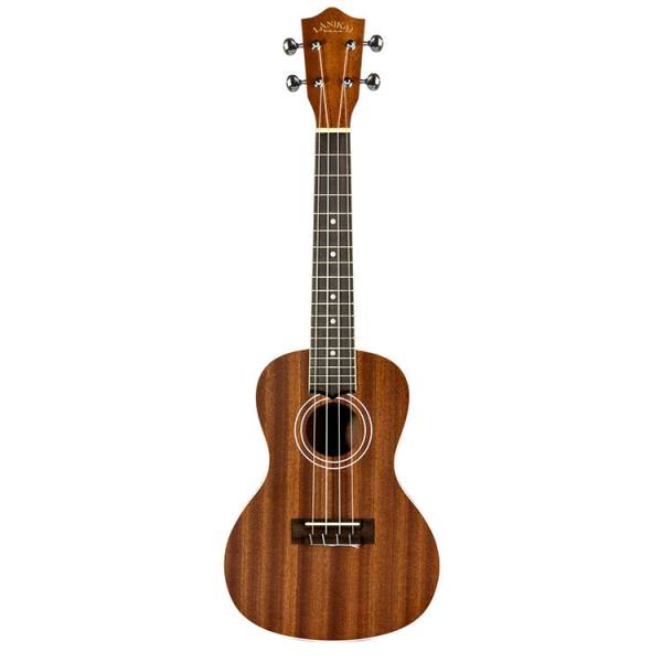 Front view of a Lanikai LMAC concert ukulele with a reddish-brown mahogany finish, white body and neck binding, multi-ring rosette, and chrome tuning machines.
