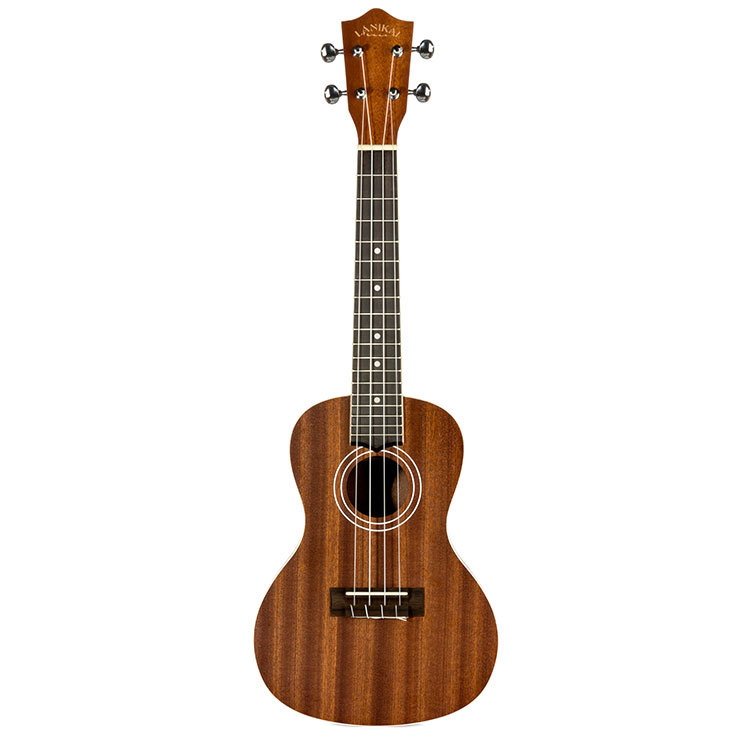 Front view of a Lanikai LMAC concert ukulele with a reddish-brown mahogany finish, white body and neck binding, multi-ring rosette, and chrome tuning machines.