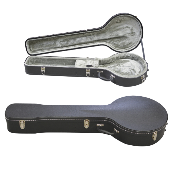 Black round-body banjo hard case with silver latches, paired with a view of the opened case revealing a grey plush interior.