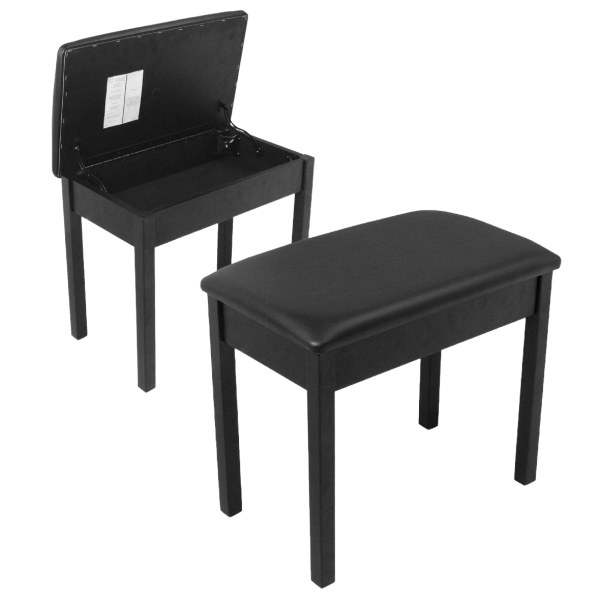 Two black On-Stage KB8902B wooden piano benches. The foreground bench features a closed black cushion seat. The background bench shows the hinged top flipped open, revealing a shallow storage compartment with a white label inside the lid.