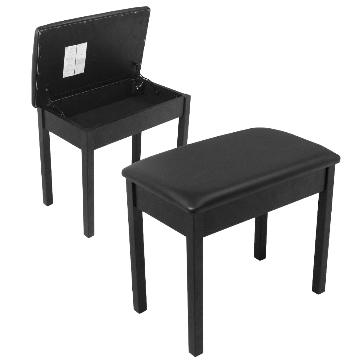 Two black On-Stage KB8902B wooden piano benches. The foreground bench features a closed black cushion seat. The background bench shows the hinged top flipped open, revealing a shallow storage compartment with a white label inside the lid.