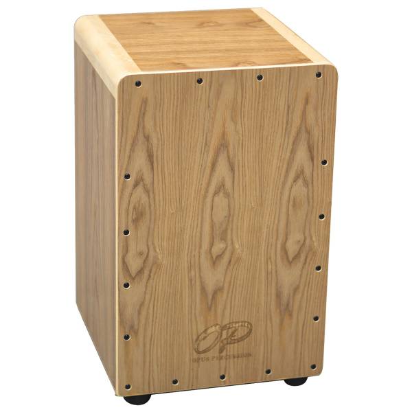 An Opus Percussion wooden cajon featuring a light, detailed ashwood faceplate with perimeter screws and a carved OP logo at the bottom.