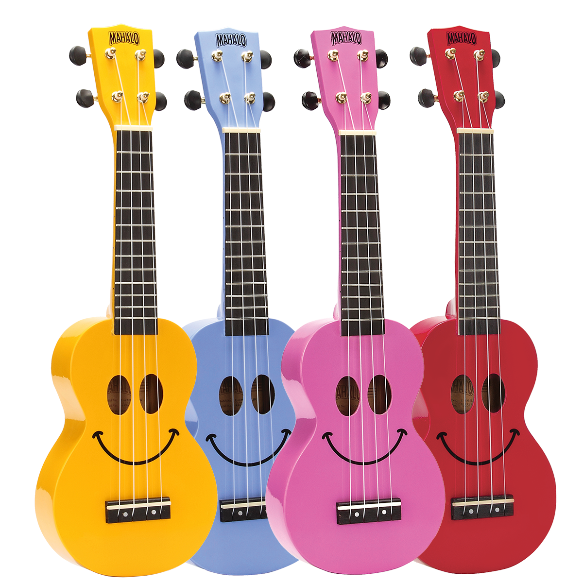 Four vibrantly colored soprano ukuleles arranged side-by-side in yellow, light blue, pink, and red, each featuring a large, stylized smiley face graphic seamlessly integrated with the soundholes.