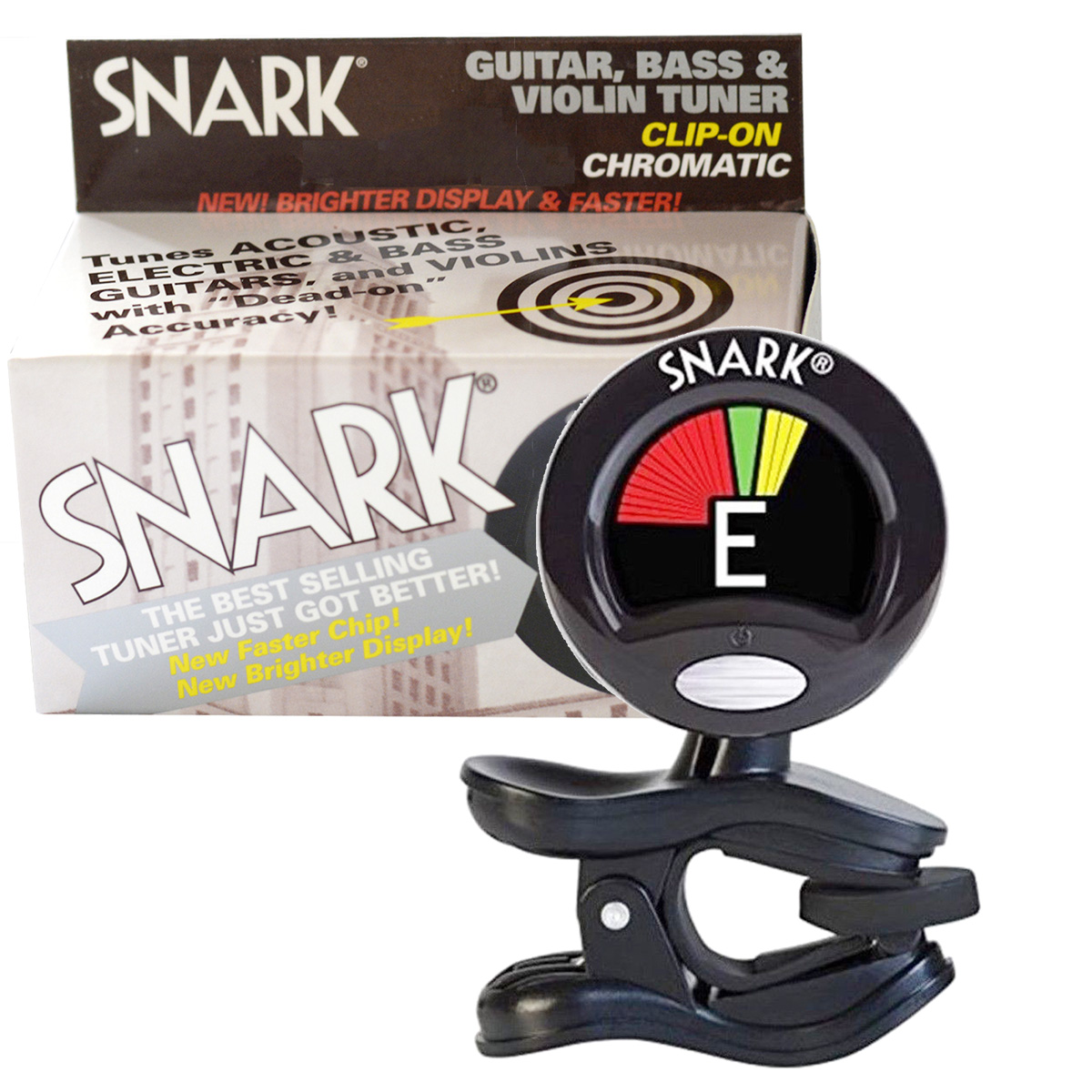 Black Snark WSN5X clip-on chromatic tuner displaying an E note on a brightly coloured screen, positioned directly in front of its white and red retail display box.