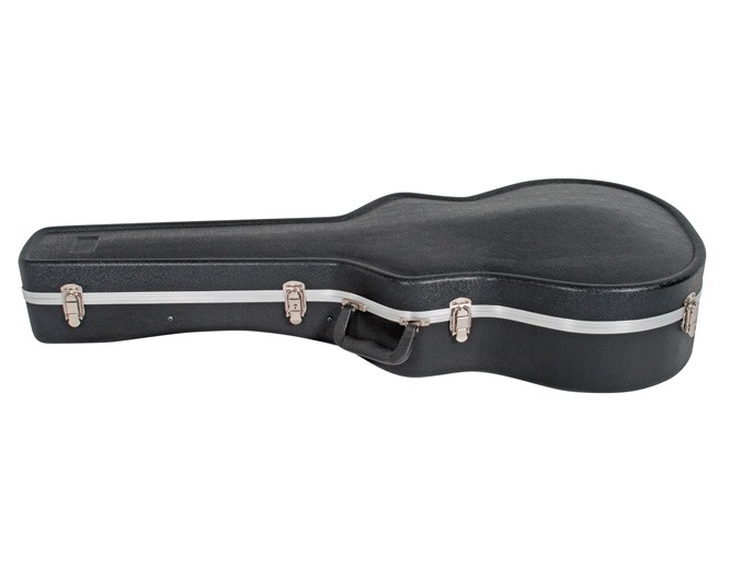 A single closed V-Case VCS103 black ABS moulded acoustic guitar hardcase lying flat, featuring silver aluminium valance hardware, silver latches, and a black side handle.