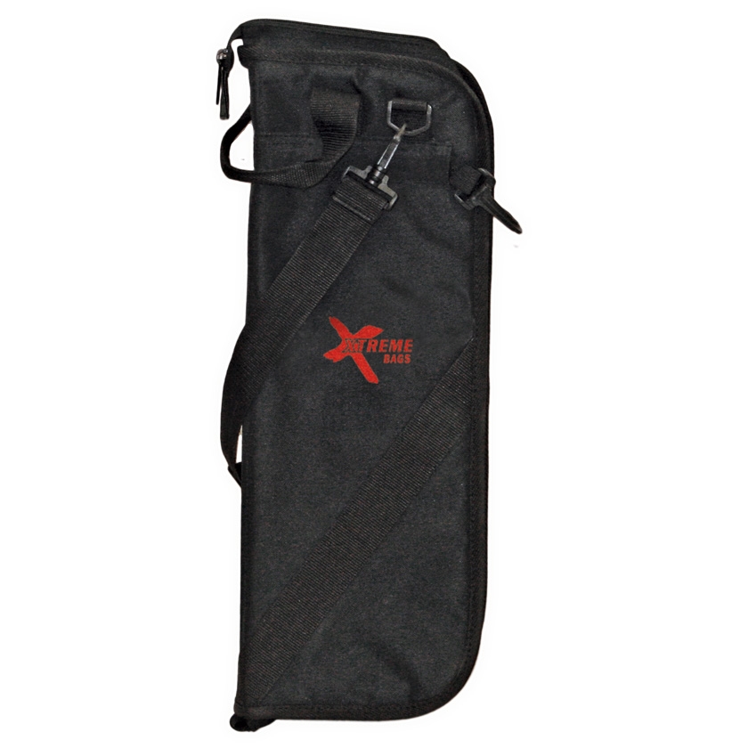 Long black Xtreme Bags stick holder with a red logo, top zipper, and adjustable shoulder strap with metal clips.