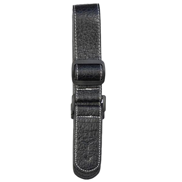 Black textured faux-leather strap with white border stitching and black plastic adjustment buckles.