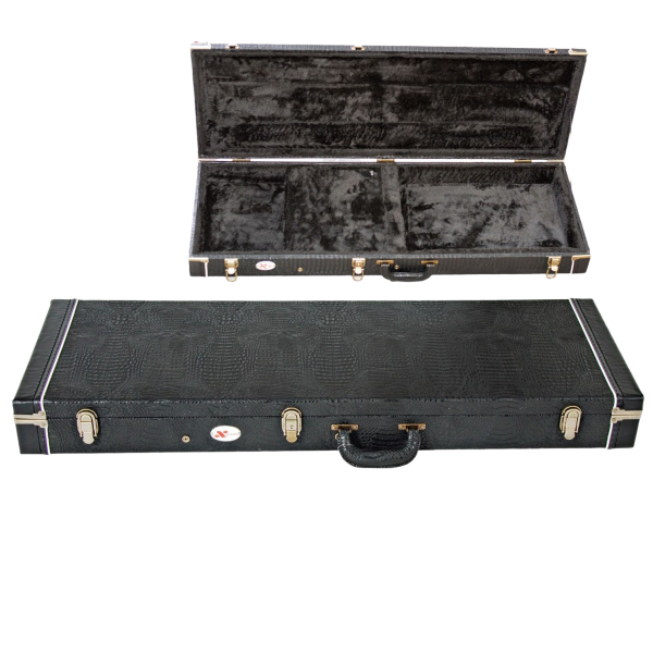 Composite image displaying a closed rectangular guitar case with a textured exterior finish and an inset view showing the open black plush-lined interior.