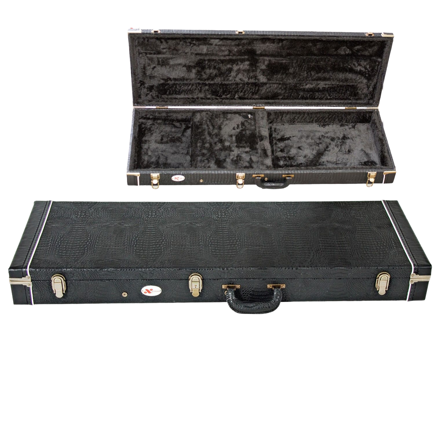 Composite image displaying a closed rectangular guitar case with a textured exterior finish and an inset view showing the open black plush-lined interior.