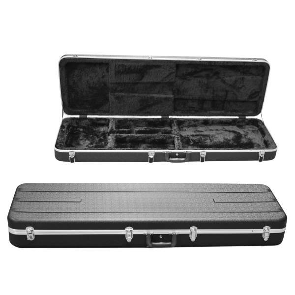 Two views of the V-Case VCS221 bass hard case: a closed black rectangular exterior below, and an open case inset above revealing a black plush interior lining with built-in accessory compartments.