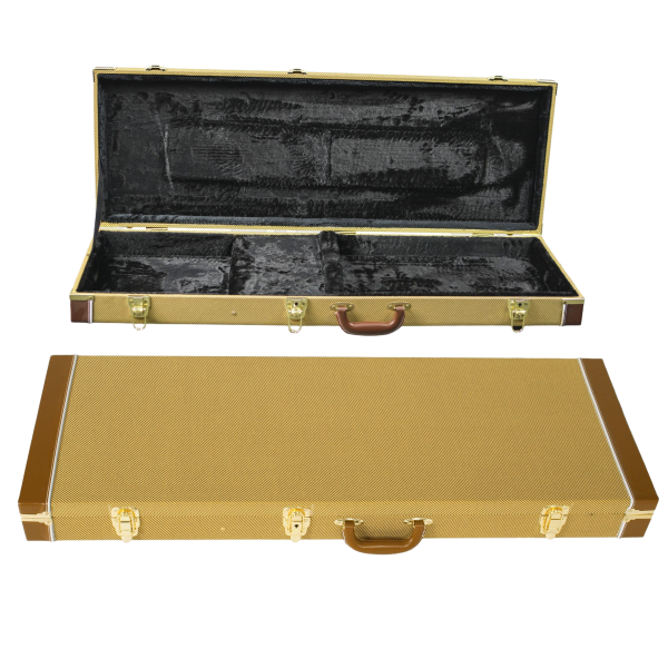 V-Case BCP525T rectangular vintage tweed bass hardcase showing a closed exterior view, with an inset of the open case revealing a black plush interior.