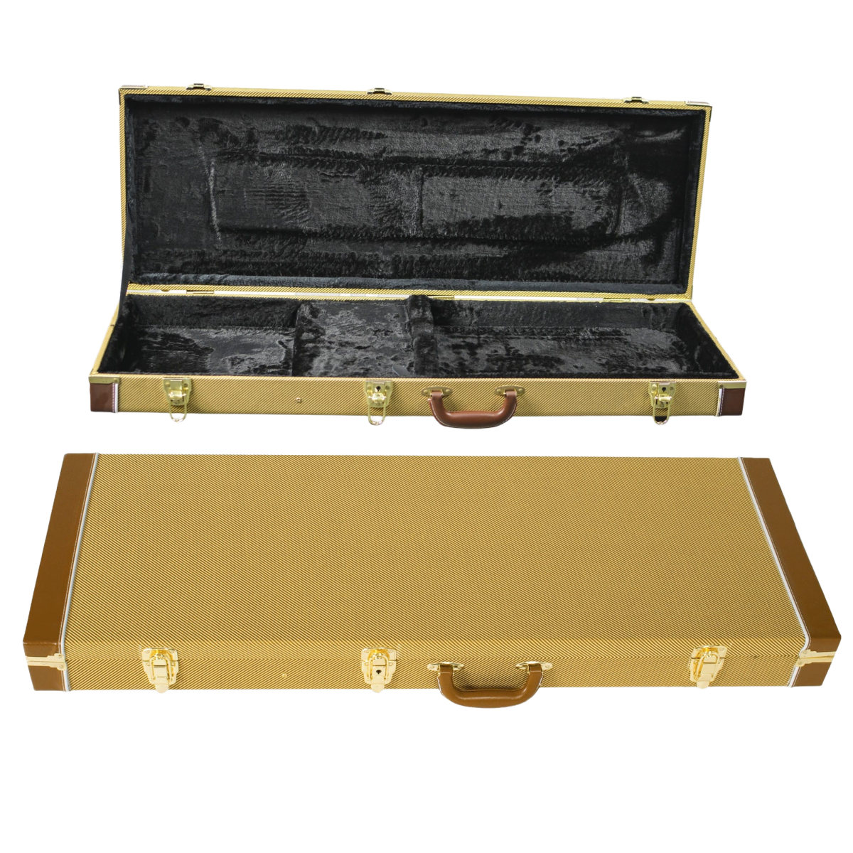 V-Case BCP525T rectangular vintage tweed bass hardcase showing a closed exterior view, with an inset of the open case revealing a black plush interior.