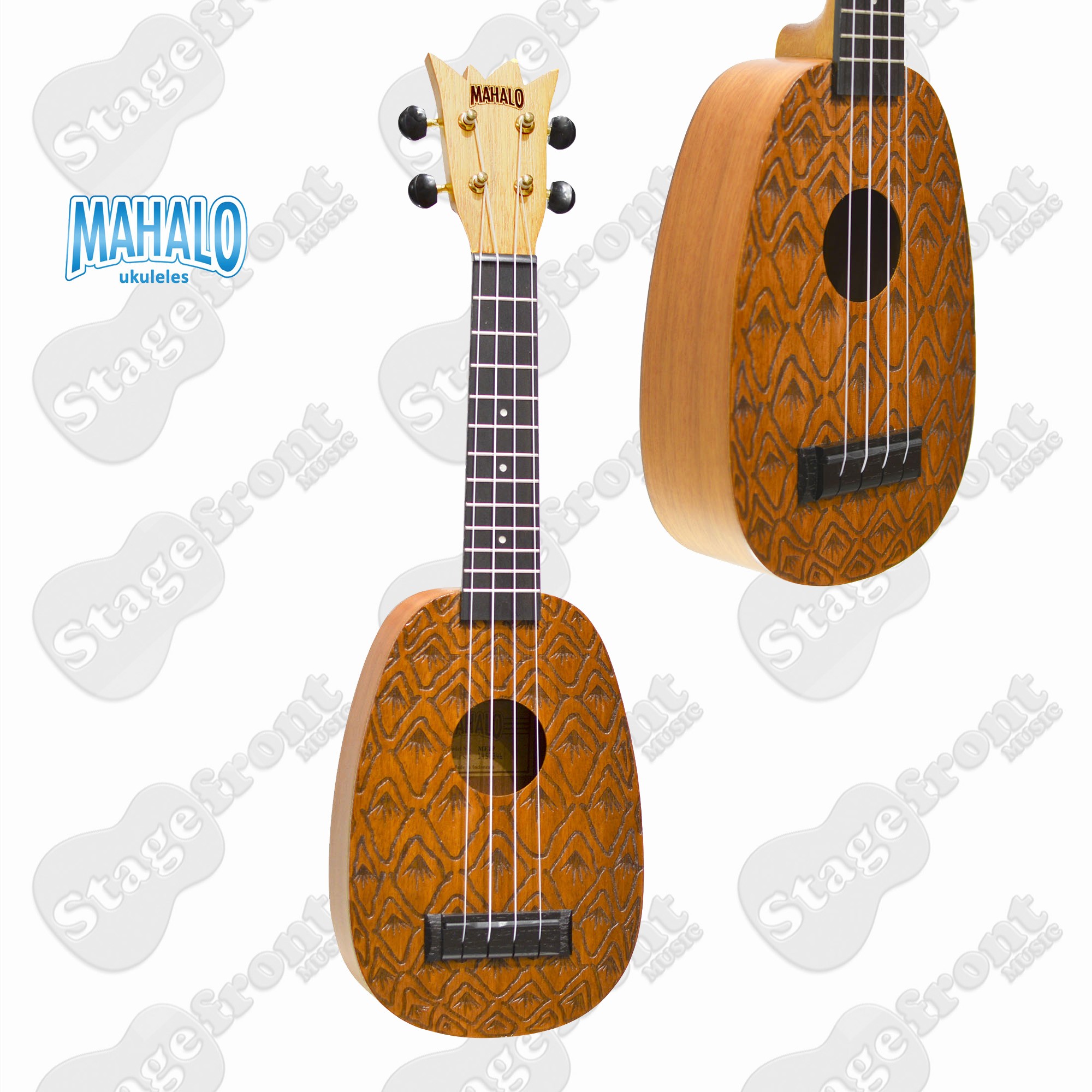 Mahalo ME1P soprano ukulele featuring a rounded pineapple-shaped mahogany body with an engraved repeating pointed pattern across the entire top surface.