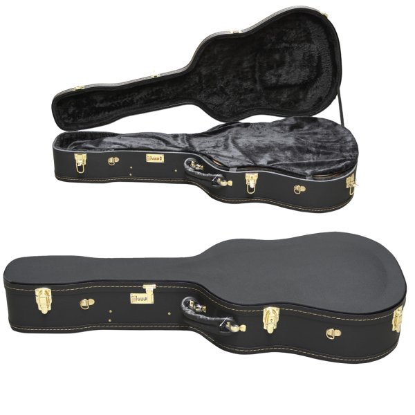 Composite product image featuring a closed black shaped acoustic guitar case alongside an inset view of the open case revealing a black plush interior.