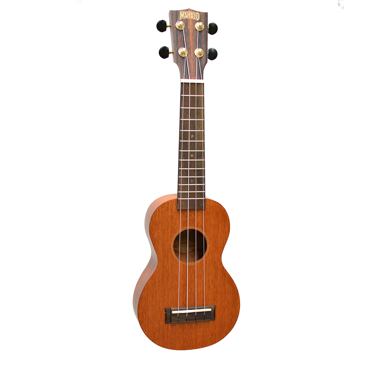 Mahalo MJ1TBR soprano ukulele in a transparent brown finish showing the wood grain, featuring a dark fretboard, four strings, and a branded headstock.