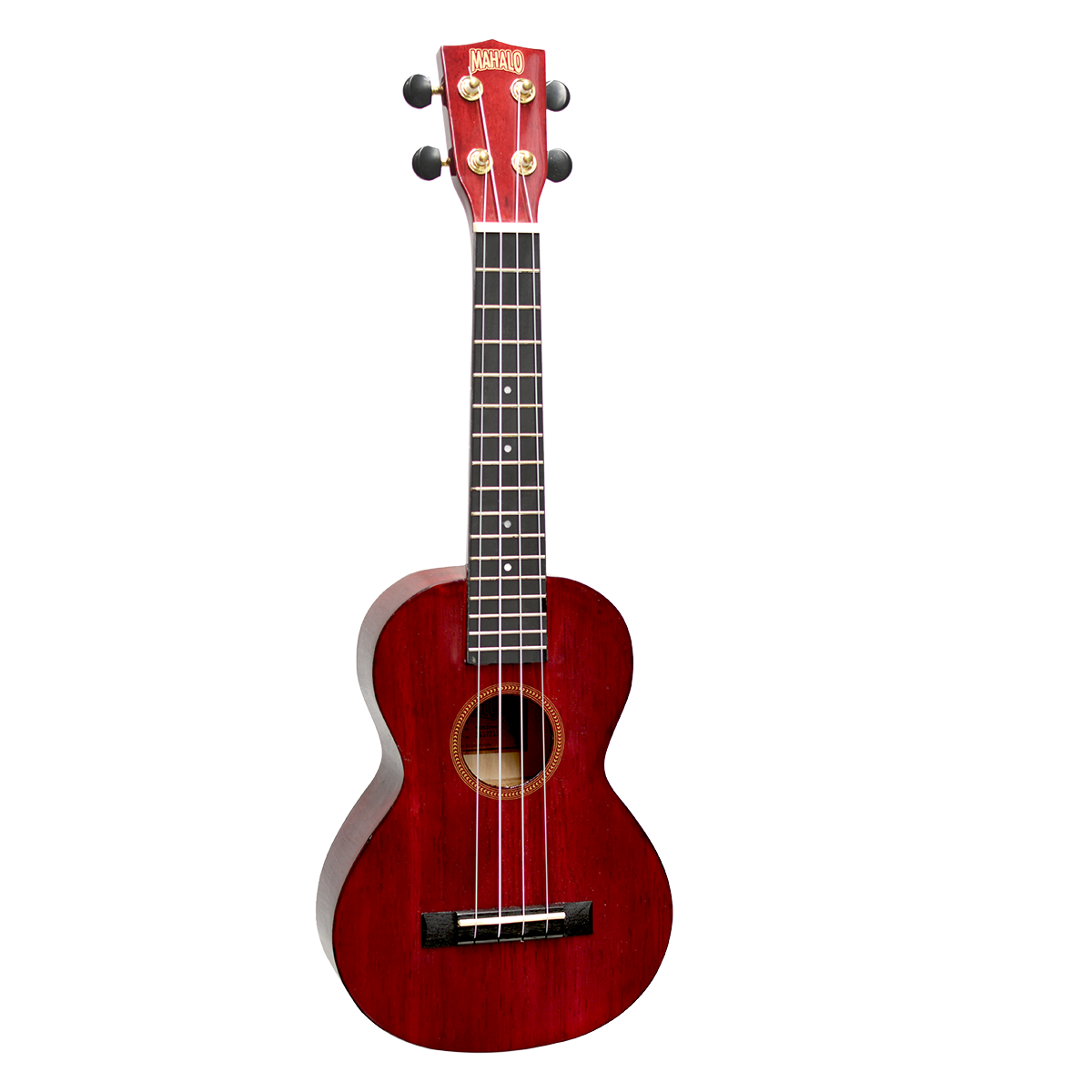 Mahalo MH2TWR concert ukulele displaying a transparent wine red finish, four strings over a dark fingerboard, and gold-coloured tuning pegs on the headstock.