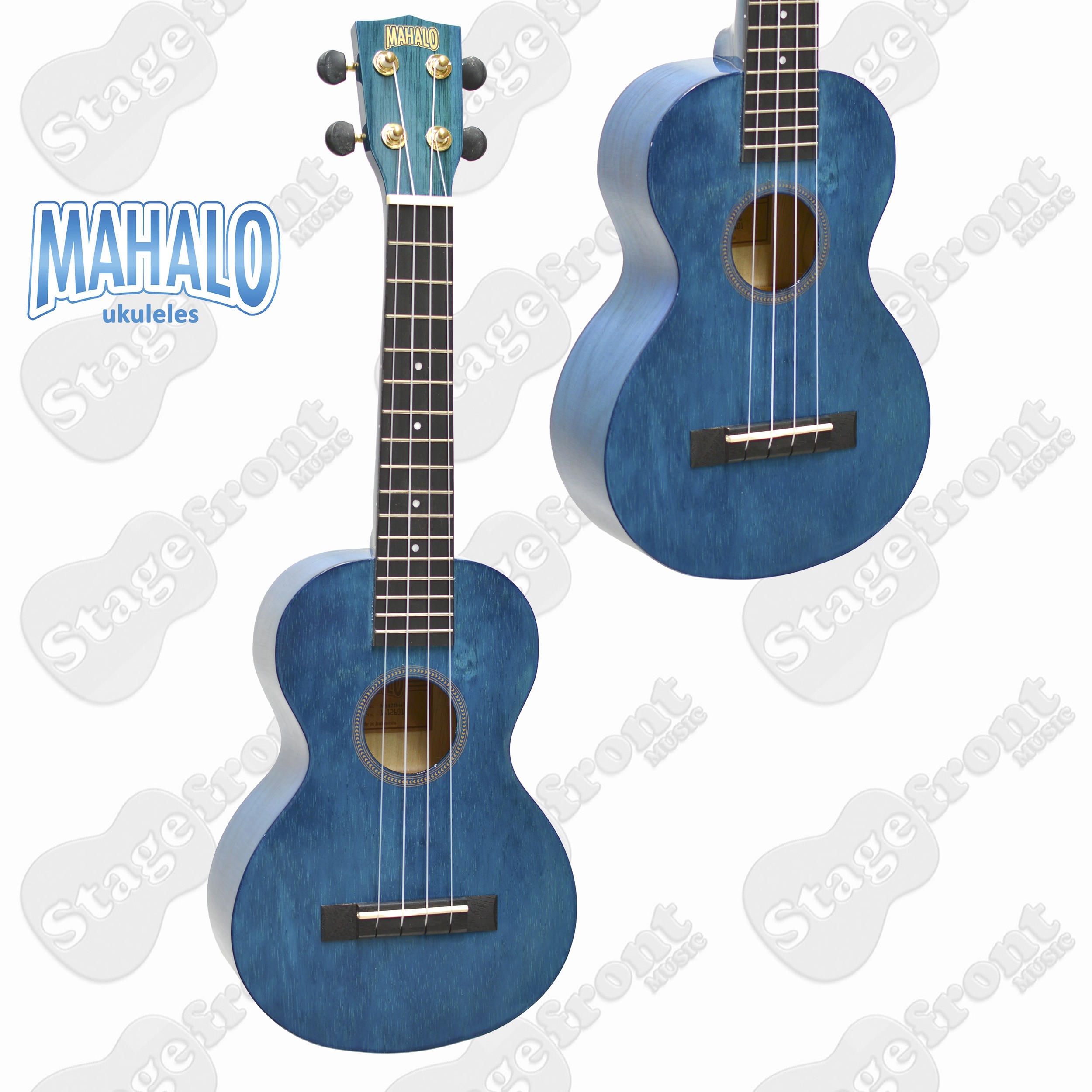 Mahalo MH2TBU concert ukulele featuring a transparent blue finish that reveals the underlying wood grain, a dark fretboard, and a classic central soundhole.
